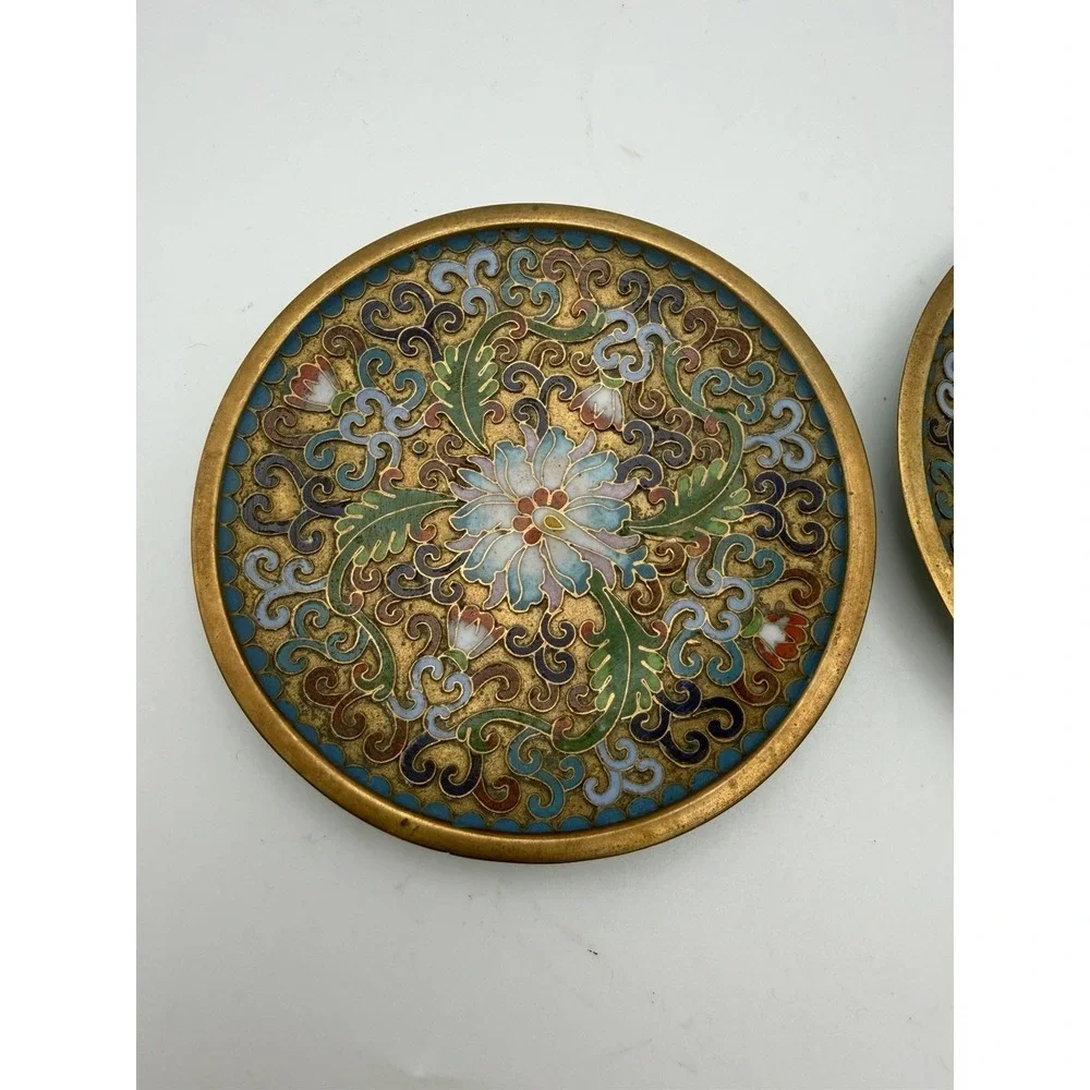 Pair Vintage Chinese Cloisonné Enamel Trinket Dishes Lotus Floral 4.25